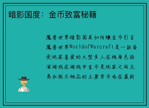 暗影国度：金币致富秘籍