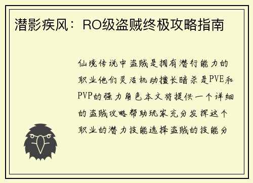 潜影疾风：RO级盗贼终极攻略指南