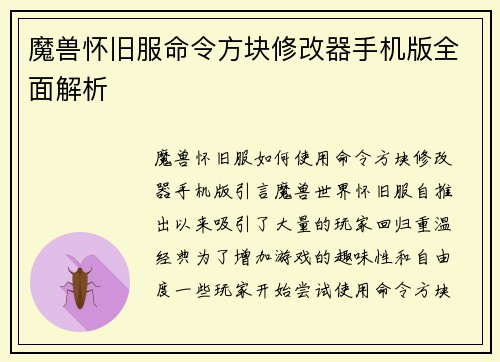 魔兽怀旧服命令方块修改器手机版全面解析